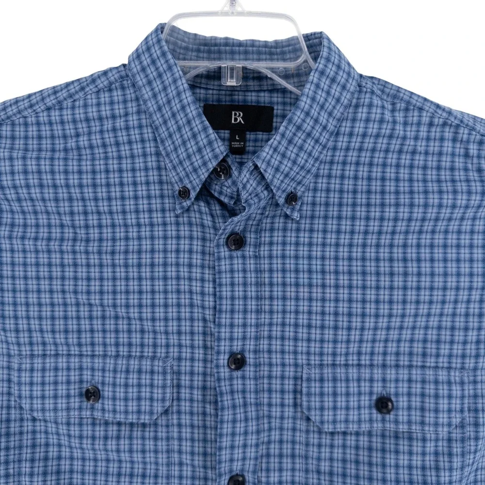 Banana Republic Men's Large Textured Utility Cotton Blue‎ Plaid Button Up Shirt